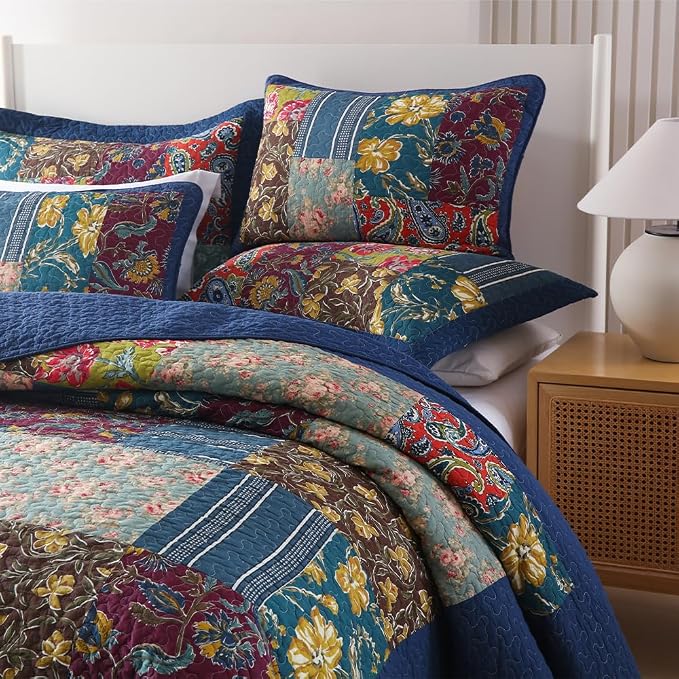 VISIMISI Cotton Bedspread Quilt Sets Reversible Bedding Coverlet Sets 3 Pieces Patchwork Blue Vintage Floral Paisley Bedspread, Queen Size