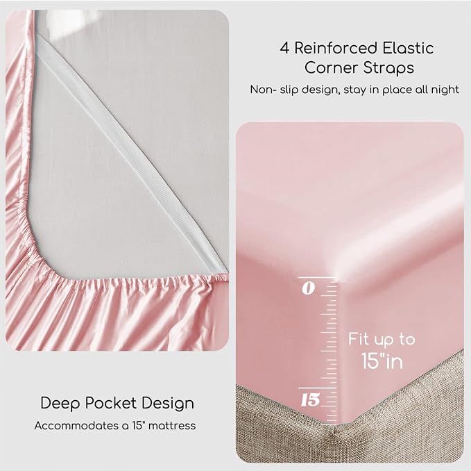 MR&HM Satin Sheets Twin Size with Elastic Corner Straps, Light Pink | Similar to Silk, 3-Piece Silky Soft Bed Sheet Set, Gentle on Skin and Hair, 15" Deep Pocket, Cooling & Breathable
