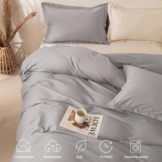 OAITE Duvet Cover Set 100% Washed Cotton Solid 3pcs | Soft,Durable,Long-staple Cotton,Hidden Zipper with 8 Interior Corner Ties,2 Pillowcases