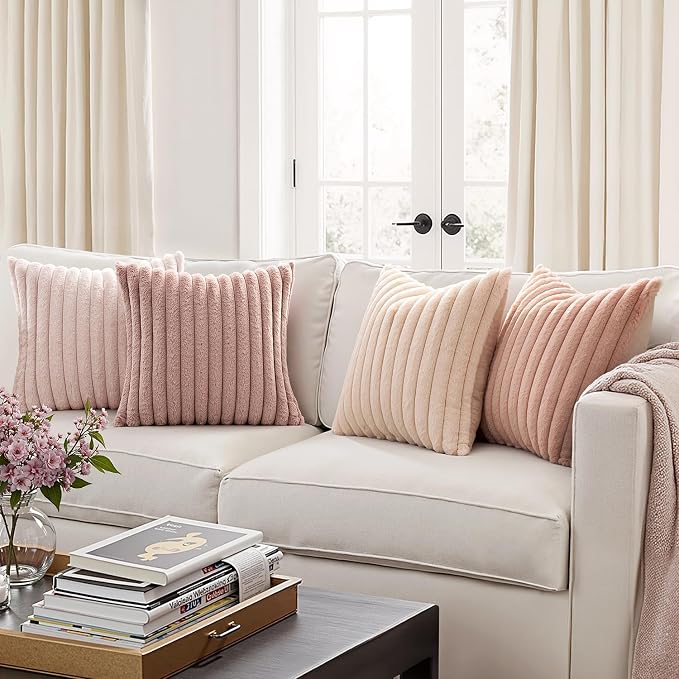 MIULEE Faux Fur Plush Decorative Throw Pillow Covers 18x18, Pink | Set of 4, Striped, Soft Cute Romantic Modern Home Decor, Cushion Cases for Sofa Couch Bed Living Room