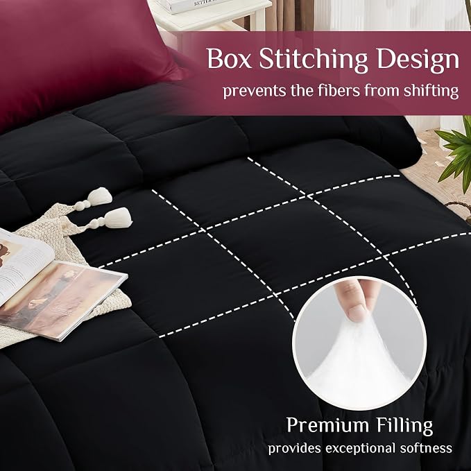 JOLLYVOGUE King Comforter Set, Ultra-Soft Bed in a Bag King Size 7 Pieces, Oeko-TEX Certified Bedding Set with Down Alternative Comforter, Sheets, Pillowcases & Shams, Black & Deep Burgundy