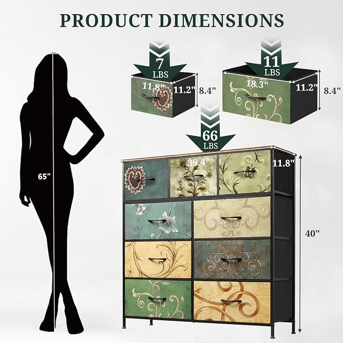 9-Drawer Dresser for Bedroom, Anti-Tip Tall Storage Organizer | Chest of Drawers with Wooden Top and Metal Frame Fabric Bins for Closet, Living Room, Hallway, Entryway, Floral Painted