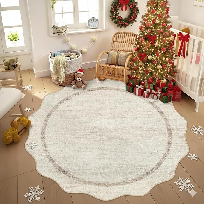 GarveeHome Scalloped Washable Round Rugs Non-Slip Round Rug 4 ft, Beige | Soft Ultra-Thin Small Boho Circle Stain Resistant Low Pile Carpet for Entryway Kitchen Bedroom Nursery Bathroom