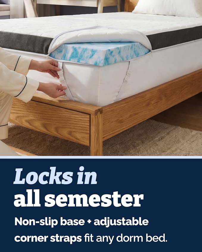 Memory Foam Mattress Topper & Cooling Cover - Dorm Room Essentials - 3 Inch | Plush, Thick & Comfy, Pain & Pressure Relief, Twin XL Size Mattress Pad w/ Straps & Removable Washable Cover, Oeko-Tex