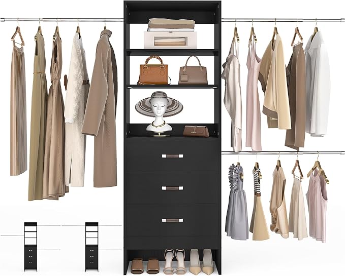 Besiost 96'' Closet Organizer System with 3 Hanging Rods, 8FT Closet Organizers and Storage with 3 Wooden Drawers, Built in Closet Organizer Systems, Adjustable Walk-in Wardrobe from 5-8FT, Black