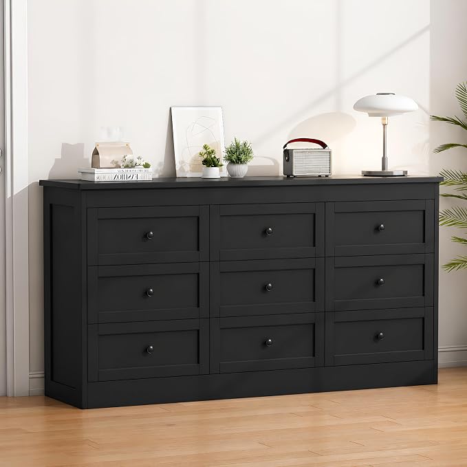 wanan Black 9 Drawer Dresser for Bedroom, Modern 59'' Wide Wood Chest of Drawers, Dresser TV Stand, Storage Organizer with Metal Handles for Living Room, Hallway, Entryway