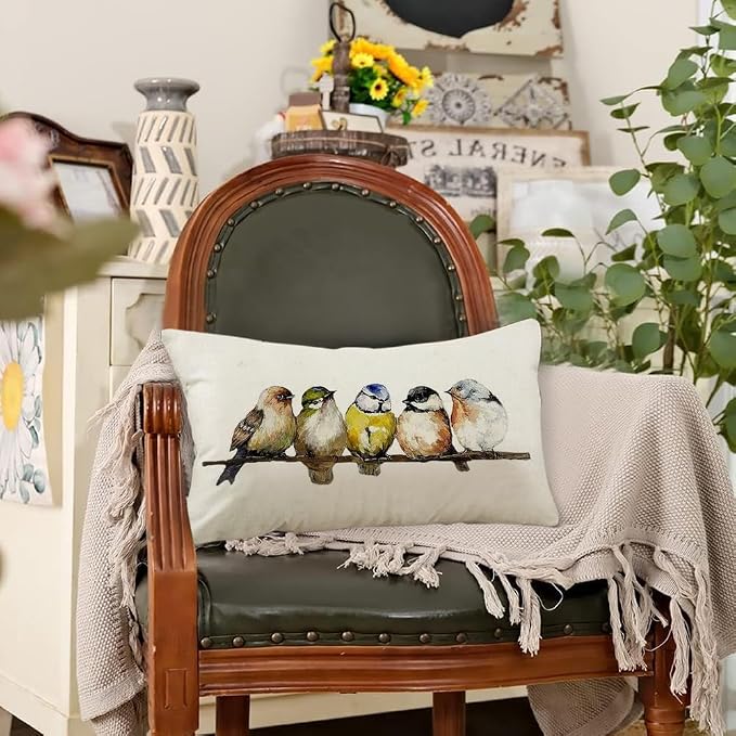 RABUSOFA Watercolor Birds Pillows Decorative Throw Pillows 12x20,Hand-Painted Oil Painting Rustic Birds Lumbar Pillow Cases,Cute Colorful Spring Summer Decorations for Home Couch Sofa Outdoor