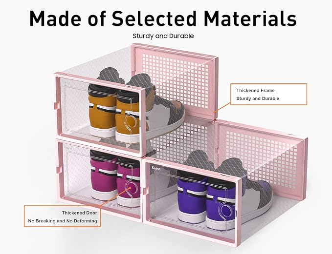 Kuject X-Large Shoe Storage Boxes 12 Pack, Clear Stackable Shoe Organizer | Shoe Case for Closet, Entryway & Under-Bed Storage, Drop-Front Design, Space-Saving Solution for Family Organization,Pink
