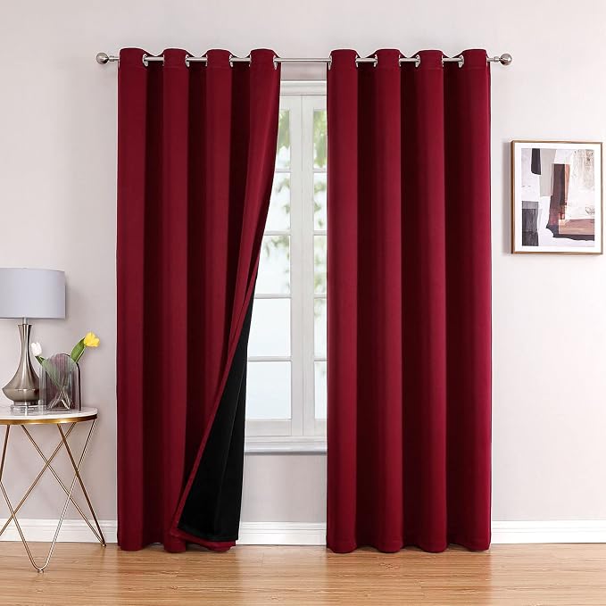 ChrisDowa 100% Blackout Curtains for Bedroom 84 Inches Long 2 Panels Set | 2 Thick Layers, Thermal Insulated, Light Blocking, Grommet, Window Treatment, Living Room Drapes, Burgundy, 52 x 84 Inch