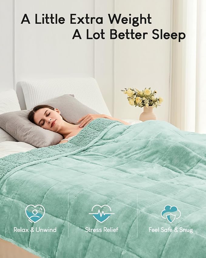 Cottonblue Sherpa Weighted Blanket for Adults 15lbs Queen Twin Size 60x80in | Soft Fuzzy Fleece Weighted Blankets Throw for Sleep Calm Relax, Warm Cozy Flannel Heavy Blanket for Bed Sofa, Dusty Green
