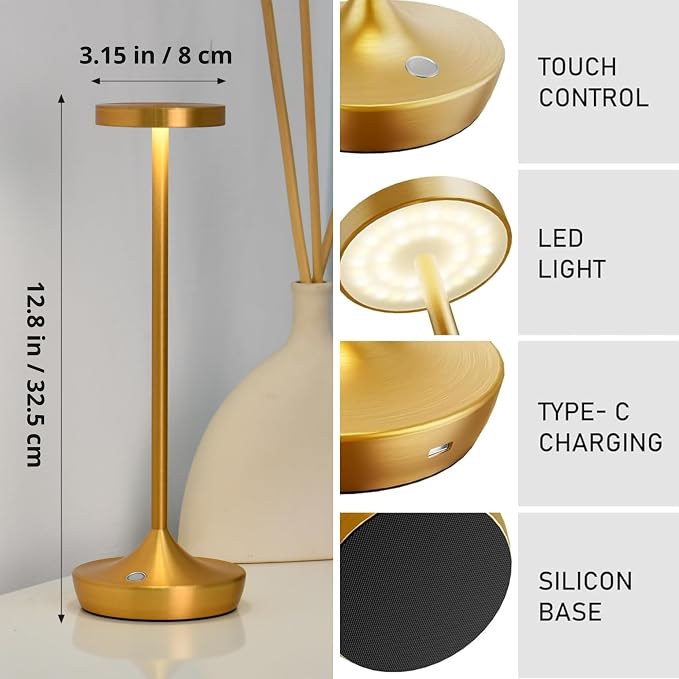 Gold Cordless LED Table Lamps Rechargeable 6000mAh, 72H Runtime, Waterproof | Stepless Touch Dimming with 3 Color Modes & Memory Function, Portable IP54 Waterproof for Home/Dinner/Patio/Restaurant (Gold)