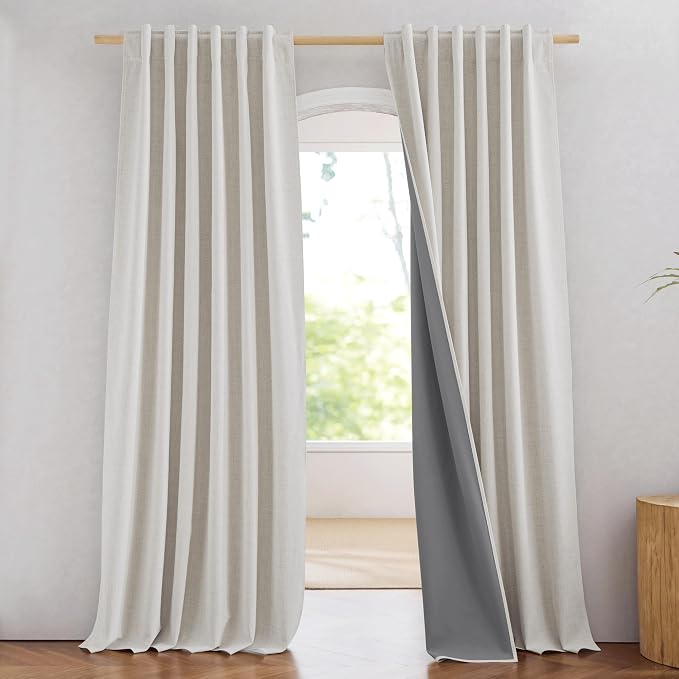 NICETOWN 100% Blackout Linen Curtains 84 inch Long 2 Panels, Alabaster Gray | Vintage Dining Room Curtains Thermal Insulated, Noise Reducing, Farmhouse Style, Privacy Protection, W52" x L84" per Panel