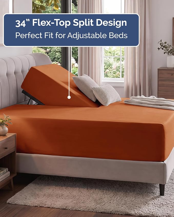Extra Deep Flex Top Split Head King Fitted Sheet - Hotel Luxury Single Fitted Sheet Only - Easily Fits 18 inch to 24 inch Mattress - Ultra Soft, Wrinkle Free w/Extra Deep Pockets - Terracotta