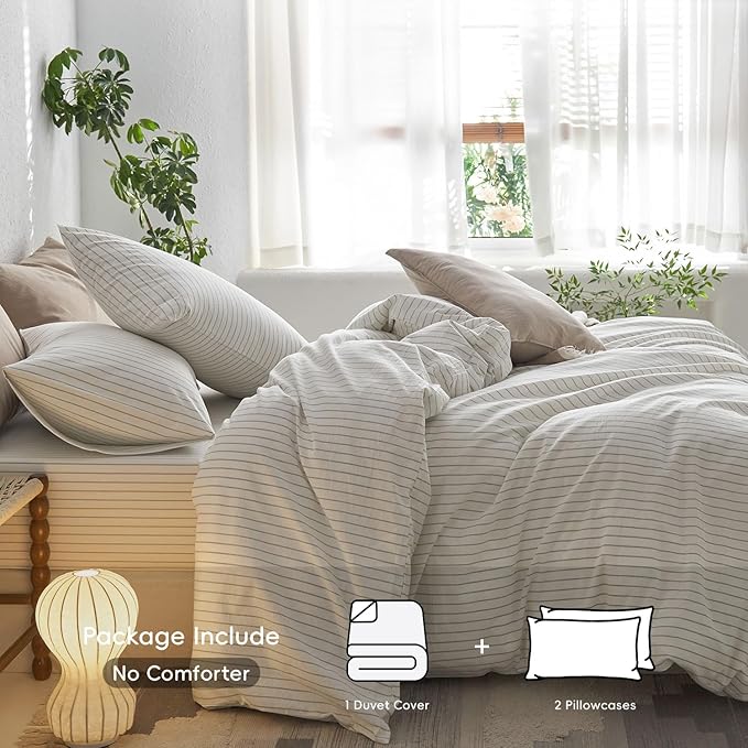 MooMee Striped Duvet Cover Set 100% Washed Cotton Linen Like Cal King | Relaxed Linen-like Texture. Soft, Breathable & Long-lasting Comfort. Lightweight. Hidden Zipper with 8 Interior Corner Ties