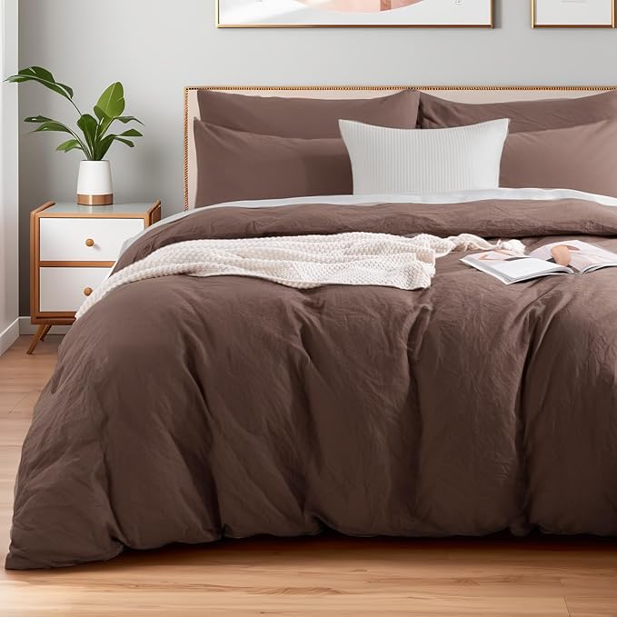 NEXHOME PRO Twin Duvet Cover Set – 100% Certified Organic Cotton with Washed Feel & Linen-Like Texture, Comfortable & Breathable, Home Bedding Set Dark Brown (No Comforter)