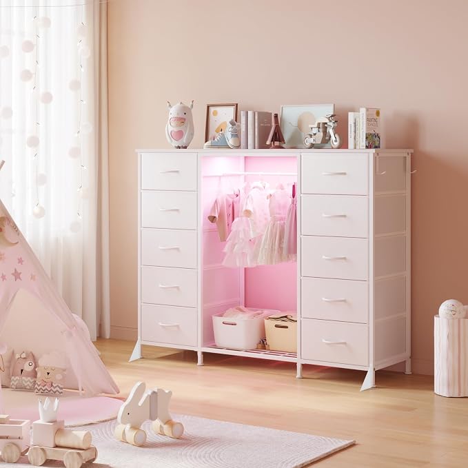 LUMTOK 55"W Dresser with Hanging Rack,10 Fabric drawers & Hooks for Bedroom | White 10 Drawers Dresser with LED Lights, Charging Station,chest of drawers with wooden top for clothing storage organization