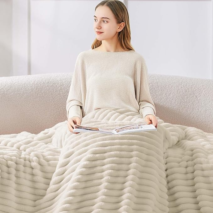 BEDELITE Ribbe Blankets Queen Size for Bed, Beige, 90"x90" | Ultra-Soft Plush Fleece, Warm Yet Lightweight, Ribbed Texture, Home Decor, Machine Washable, Giftable, All-Season Use