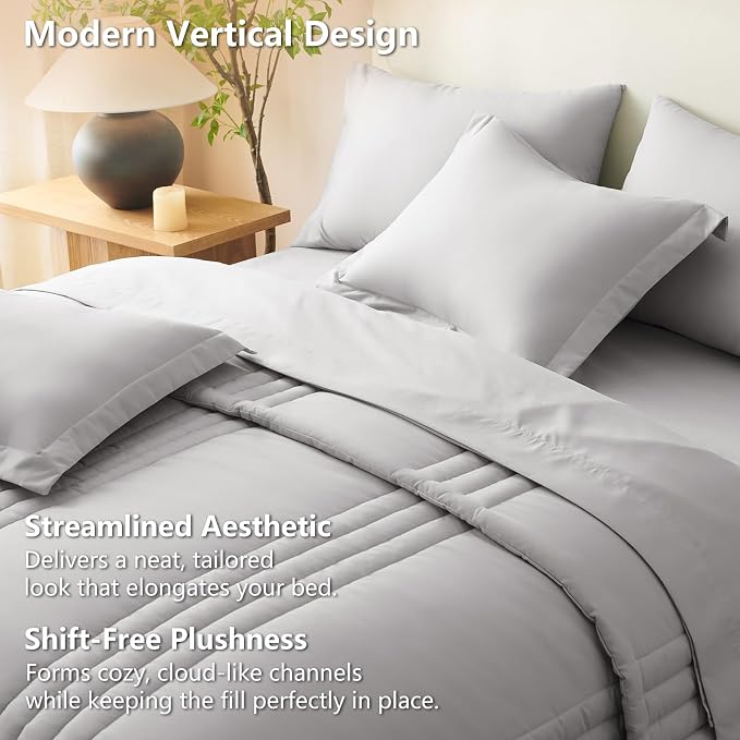 Queen Comforter Set French Grey - 7 Pieces Bed in a Bag | OEKO-TEX Certified, 240GSM Down-Alternative Comforter, 14" Deep-Pocket Sheets, Shams & Pillowcases, Lightweight