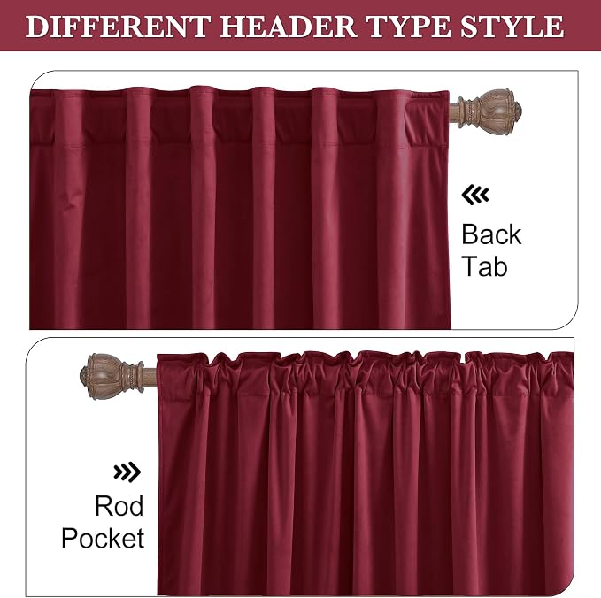 RYB HOME Velvet Curtains 80 inches Long for Living Room Bedroom, Back Tab | Thermal Insulated, Privacy Assured, Luxurious Home Decor, Covers for Doorway Closet, W52 x L80, Burgundy Red, 2 Panels Set