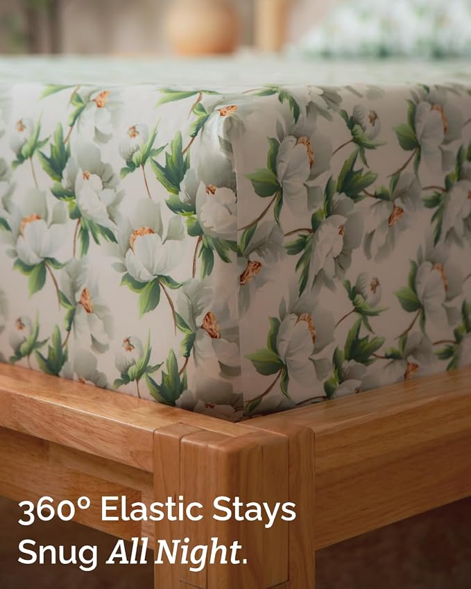 Twin XL 3 Piece Floral Sheet Set - Breathable & Cooling - White Peony Bloom | 1 Flat, 1 Fitted & 1 Pillowcase w/ Deep Pockets, Boho Botanical Floral Bedding, Breathable & Cooling, Wrinkle & Fade Free