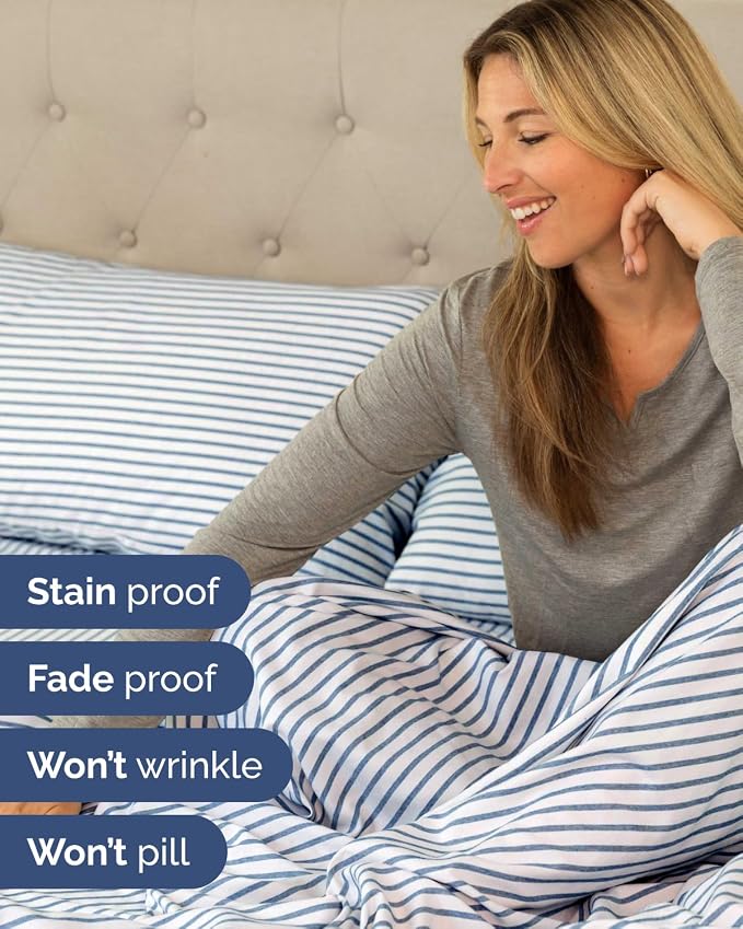 Flex Top Split Head King Sheet Set - 4 Piece Extra Deep - Blue Stripes 2 | Easily Fits 18 to 24 inch Mattress, Ultra Soft, Wrinkle & Fade Free with Extra Deep Pockets, Comfy Hotel Luxury Bedding