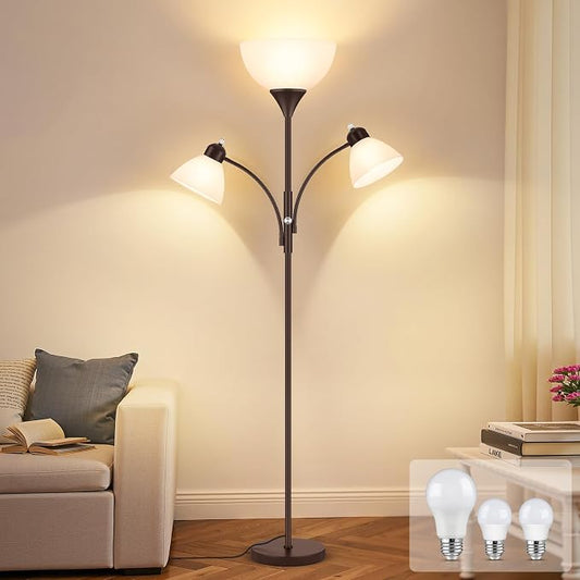 Coucrek Torchiere Floor Lamps for Living Room, 72" Dimmable Reading Lamp | 3 Bulbs Included, Flexible Arm Reading Lights for Bedroom, Tall Standing Room Lamp