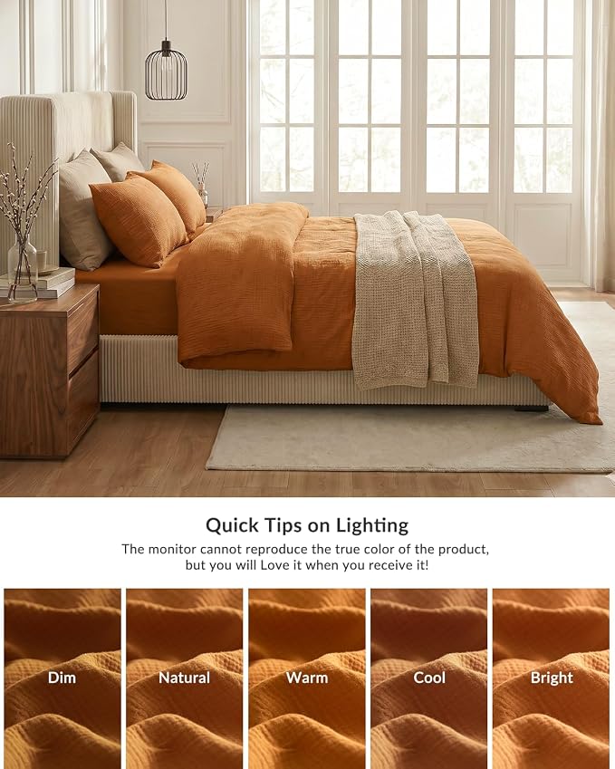 SE SOFTEXLY Muslin Duvet Cover Queen Size, 100% Washed Cotton Duvet Cover Set, Ultra Soft Comforter Cover Linen Like, 3 Pieces Minimalist Gauze Duvet Cover with 2 Pillowcases, 90"x90", Pumpkin
