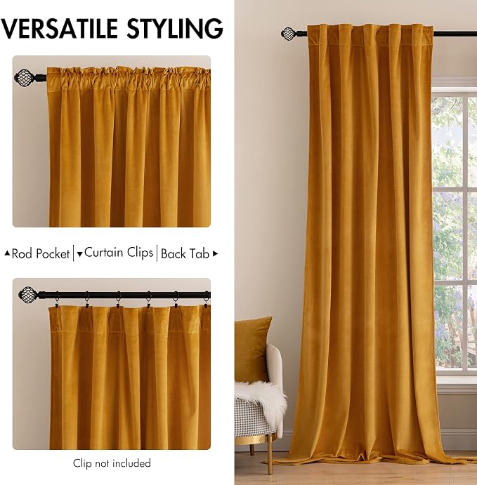 MIULEE Velvet Blackout Curtains 52x90 inches 2 Panels Mustard Yellow | Luxury, Bedroom Living Room, Thermal Insulated, Fall Decor, Super Soft Window Drapes Rod Pocket & Back Tab