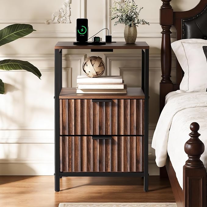 VINGLI Nightstands Set of 2 with Fabric Drawers, Walnut Nightstand with Charging Station, Night Stands Fluted Bedside Tables/End Tables with Charger Station, Side Table Bedroom, Small Night Stand