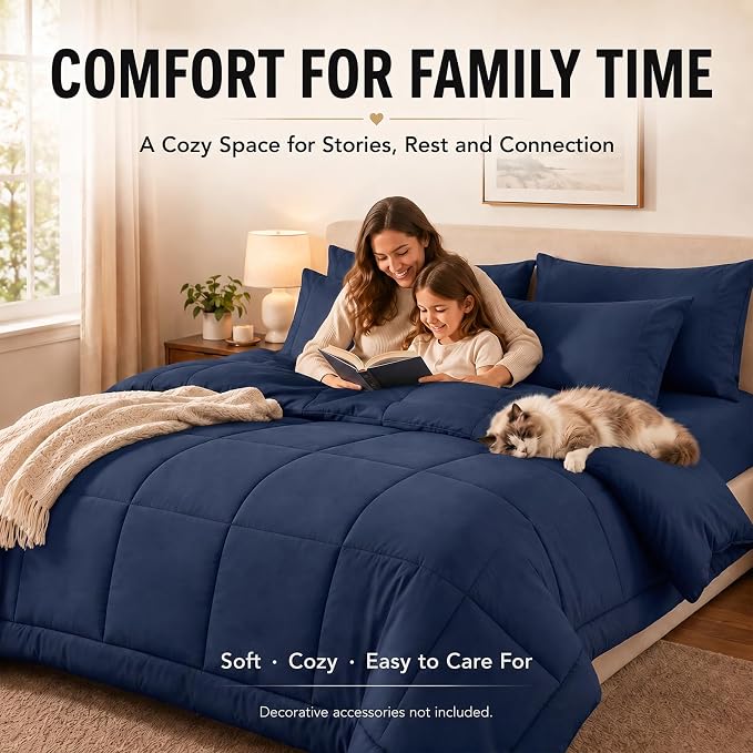 Oversized Queen Comforter Set Navy Blue - 7 Pieces Bed in a Bag | OEKO-TEX Certified, All-Season, Bedroom, Guest Room, Down-Alternative Comforter + Flat & Fitted Sheets + 4 Pillowcases
