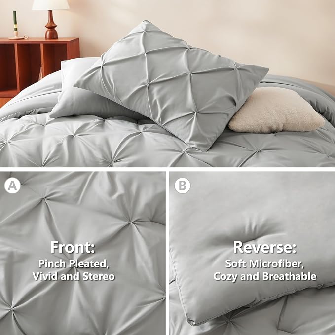 Queen Comforter Set Light Grey, 7 Pieces Pintuck Bed in a Bag | OEKO-TEX 100 Certified, 240GSM All Season, Bedroom, Guest Room, Down-Alternative Comforter, Sheets, Pillowcases & Shams