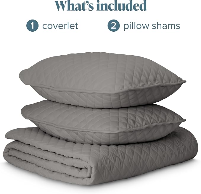 Bare Home Coverlet Set - Full/Queen - Lightweight Bed Decor - Comforter Alternative - All-Season Quilted Bedspread (Full/Queen, Grey)