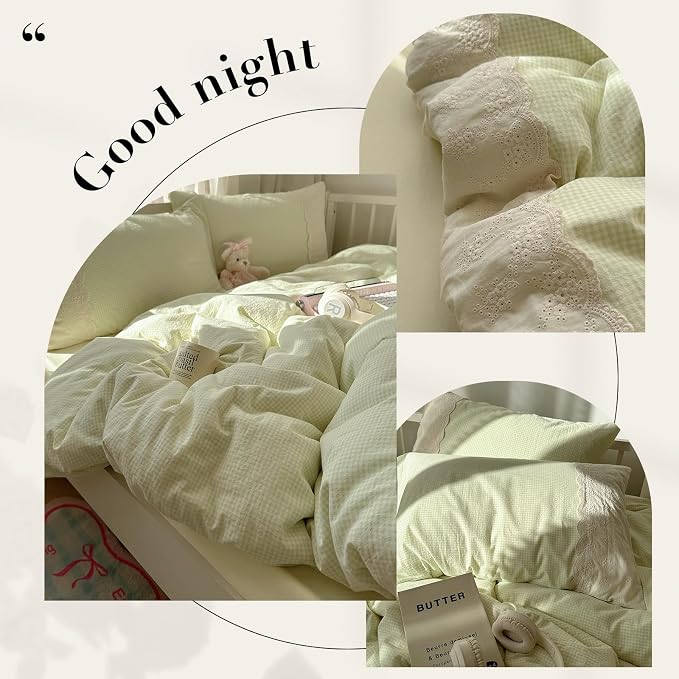mixinni Green Gingham Duvet Cover Twin Size - 3 Piece Cottagecore Plaid Bedding Set with Lace Trim, Soft Washed Microfiber Vintage Aesthetic Grid Comforter Cover & Pillow Shams, (Green White Gingham)