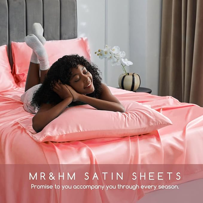 MR&HM Satin Sheets Twin Size with Elastic Corner Straps, Blush | Similar to Silk, 3-Piece Silky Soft Bed Sheet Set, Gentle on Skin and Hair, 15" Deep Pocket, Cooling & Breathable