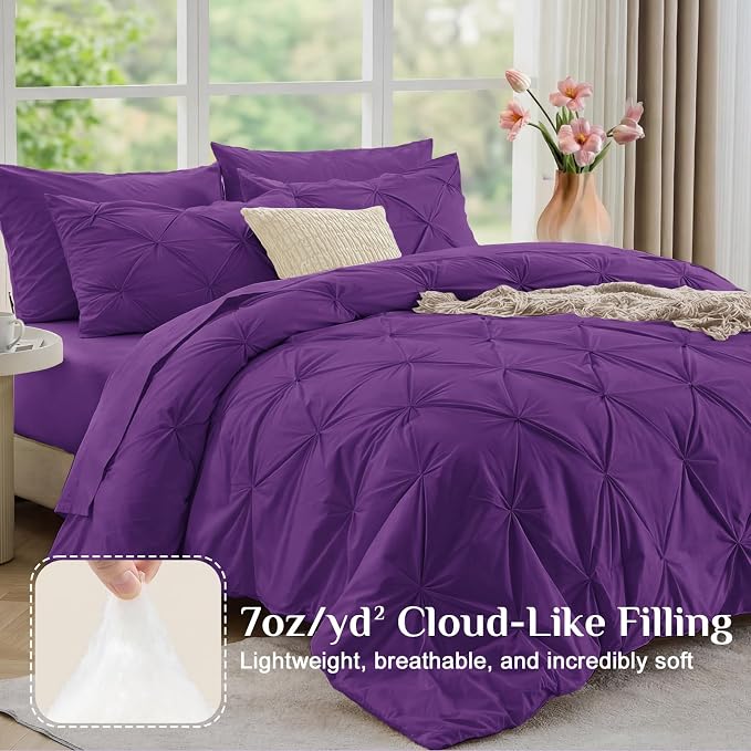 JOLLYVOGUE Full Size Comforter Sets 7 Pieces - Bed in a Bag Full for All Season, Pintuck Bedding Comforter Sets with Comforter, Flat Sheet, Fitted Sheet and Pillowcases & Shams, Purple