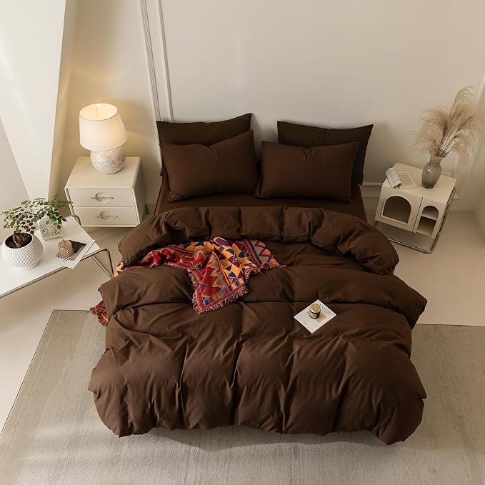 BDEAR 3Pcs Cocoa Brown Pinstriped Duvet Cover Set Queen Size 90''Wx90''L | Light Weight Design, 1 Duvet Cover with 2 Pillowcases, Zipper Closure, OEKO TEX Standard,8 Corner Ties, Skin Friendly