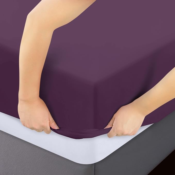 Pack of 2 Twin XL Fitted Sheet, Fits Up to 16 Inch Deep Pocket, Purple | Hotel Comfort, Cooling & Breathable Cotton like Polyester, Easy Fit, Wrinkle & Fade Resistant, Snug Fit, Easy Care, Oeko-Tex
