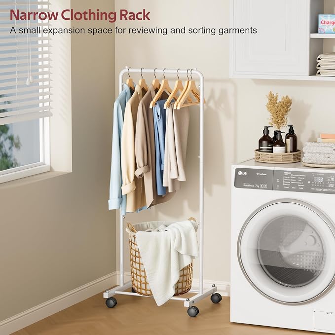 KIMBORA Small Clothing Rack with Wheels, Portable Clothes Racks for Hanging Clothes, 56" Metal Rolling Garment Rack for Coats, Jackets, and Shirts, White