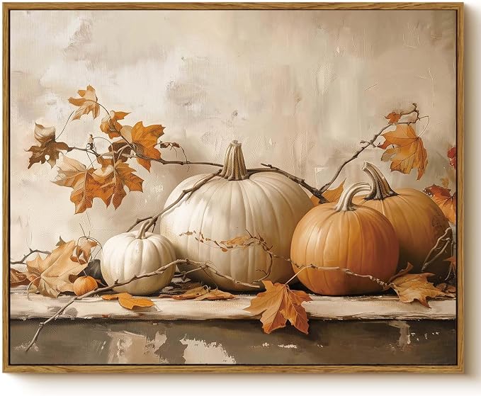 WHASAYART Vintage Pumpkin Thanksgiving Wall Art 16x20 Framed Canvas Print with Fall Leaves, Rustic Autumn Season Painting, Cozy Harvest Dining Room Kitchen Farmhouse Decor