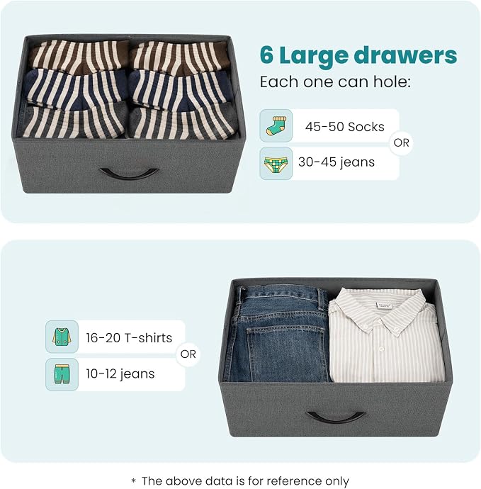 DUMOS 8 Drawer Dresser for Bedroom, Fabric Storage Organizer | Wooden Top Chest of Drawers with Sturdy Metal Frame for Closet, Entryway, Grey