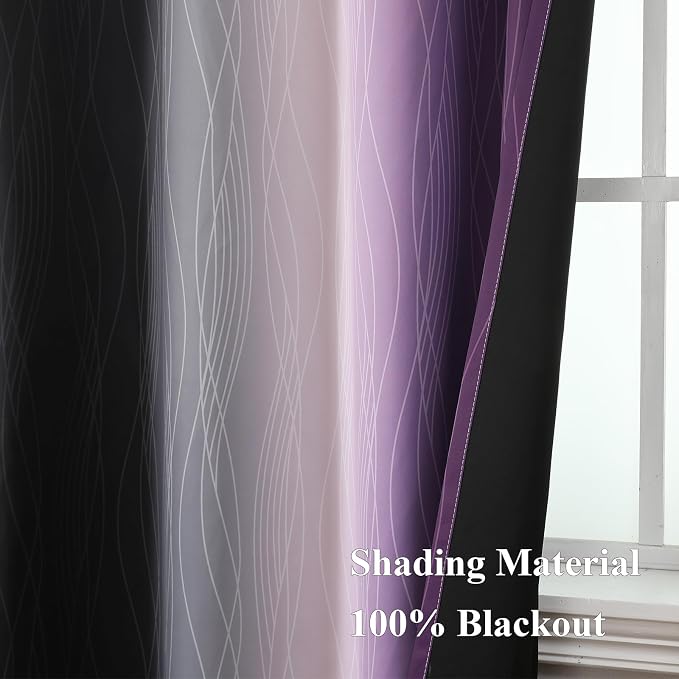 Black and Purple Ombre Blackout Curtains 96 Inch Length | Room Darkening Curtains for Bedroom, Thermal Insulated,Energy Saving,Grommet Window Drapes for Living Room,52Wx96L,2 Panels
