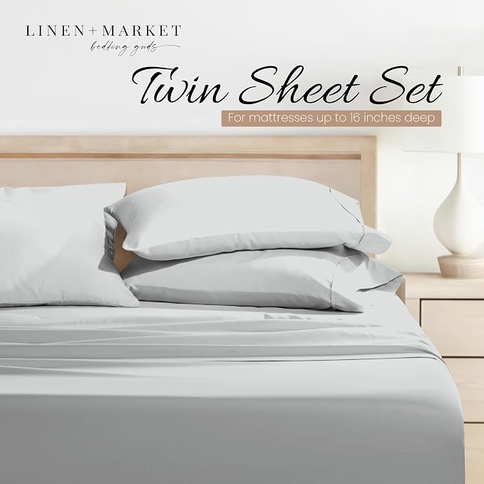 Linen Market Bed Sheets for Twin Size Bed (Light Gray) - Sleep Better Than Ever with These Soft and Cooling Twin Sheets - Deep Pocket Fits 16" Thick Beds - 3 Piece Twin Sheet Set