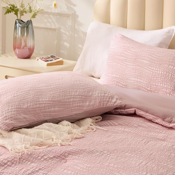 BEDELITE King Comforter Set Striped-Blush Pink,Lightweight & Soft Comforter | Pintuck Boho Bedding, Warm & Cute Bed Set for All Season,With 2 Pillowcases
