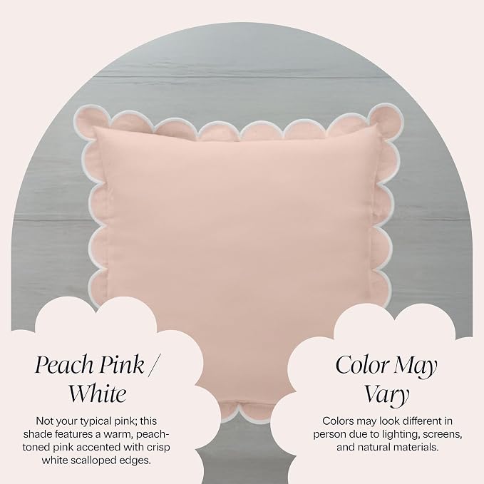 BEBE BASK Scalloped Pillow Cover Set of 2, 18x18, 100% Cotton - Peach Pink | 100% Cotton, Scallop Pillow Covers, Grandmillennial Style, 18 by 18 Inch, Easy to Care, Machine Washable, Scalloped Pillows