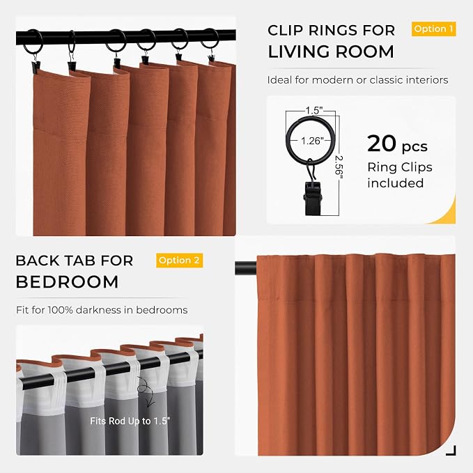 INOVADAY 100% Blackout Curtains for Bedroom Black Out Curtain 120 Inch Long | Orange Curtains for Living Room 2 Panels, Clip Rings Linen Look Blackout Drapes, Thermal Insulated Room Darkening,W50xL120