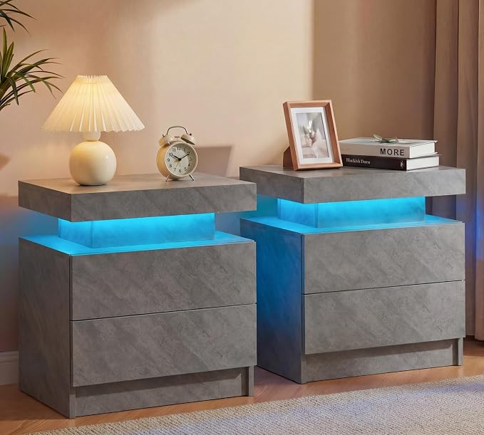 i-aplus Gray Modern LED Nightstand Set of 2 with 2 Wood Drawer for Bedroom | Nightstands with App-Controlled RGB LED Lights, Night Stand with Storgae Drawer, Modern Bedside Table for Bedroom