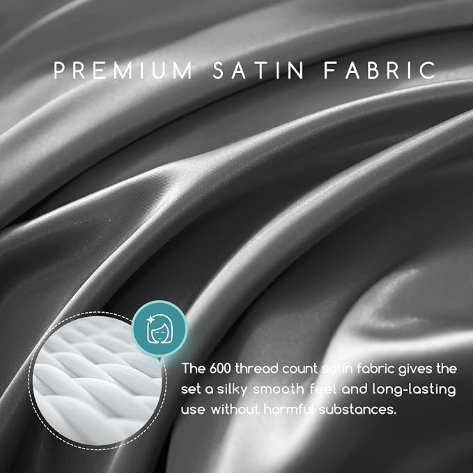 MR&HM Satin Sheets Twin XL Size with Elastic Corner Straps, Dark Grey | Similar to Silk, 3-Piece Silky Soft Bed Sheet Set, Gentle on Skin and Hair, 15" Deep Pocket, Cooling & Breathable