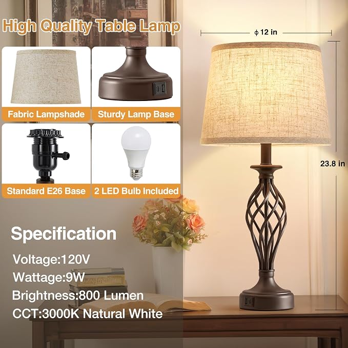 Table Lamp for Bedroom Set of 2 with USB C+A Ports,Modern Night Stand Lamp | Brown Bedside Lamps with Spiral Cage Base,Beige Fabric Shade,Lamp for Living Room Reading Bed Side End Table,Bulbs Included