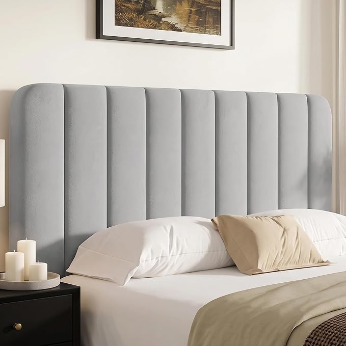 VECELO Queen Size Bed Frame with Upholstered Headboard, Velvet Platform Bedframe Mattress Foundation, Strong Wood Slat Support, No Box Spring Needed,Light Grey