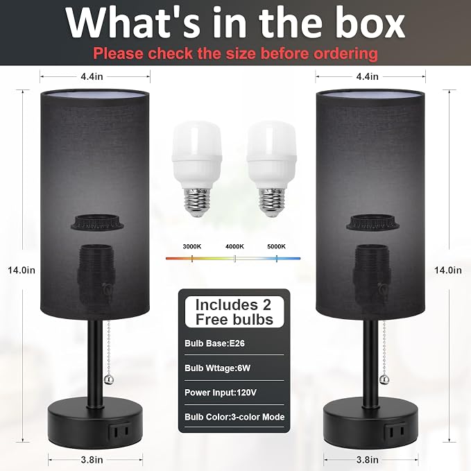 Black Bedside Table Lamps Set of 2 - Bedroom Lamp for Desk, AC Outlet | 3CCT(3000K/4000K/5000K), LED Bulbs Included, Black Fabric Lampshade, 14in Small Lamp for Nightstand, Guest Room, Living Room